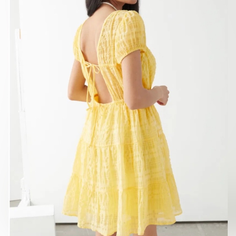 & Other Stories Puff Sleeve Ruffle Mini Dress tie back bright yellow Size Small - Picture 2 of 7